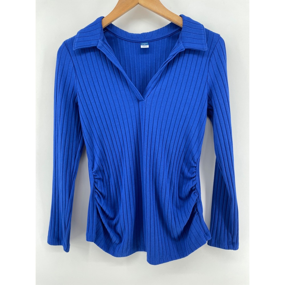 Old Navy Maternity Top Womens Medium Blue Ribbed Ruched Split Neck Long Sleeve‎